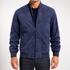 Steve | Mens Faux Suede Stand Collar Zip Up Bomber Jacket, Navy