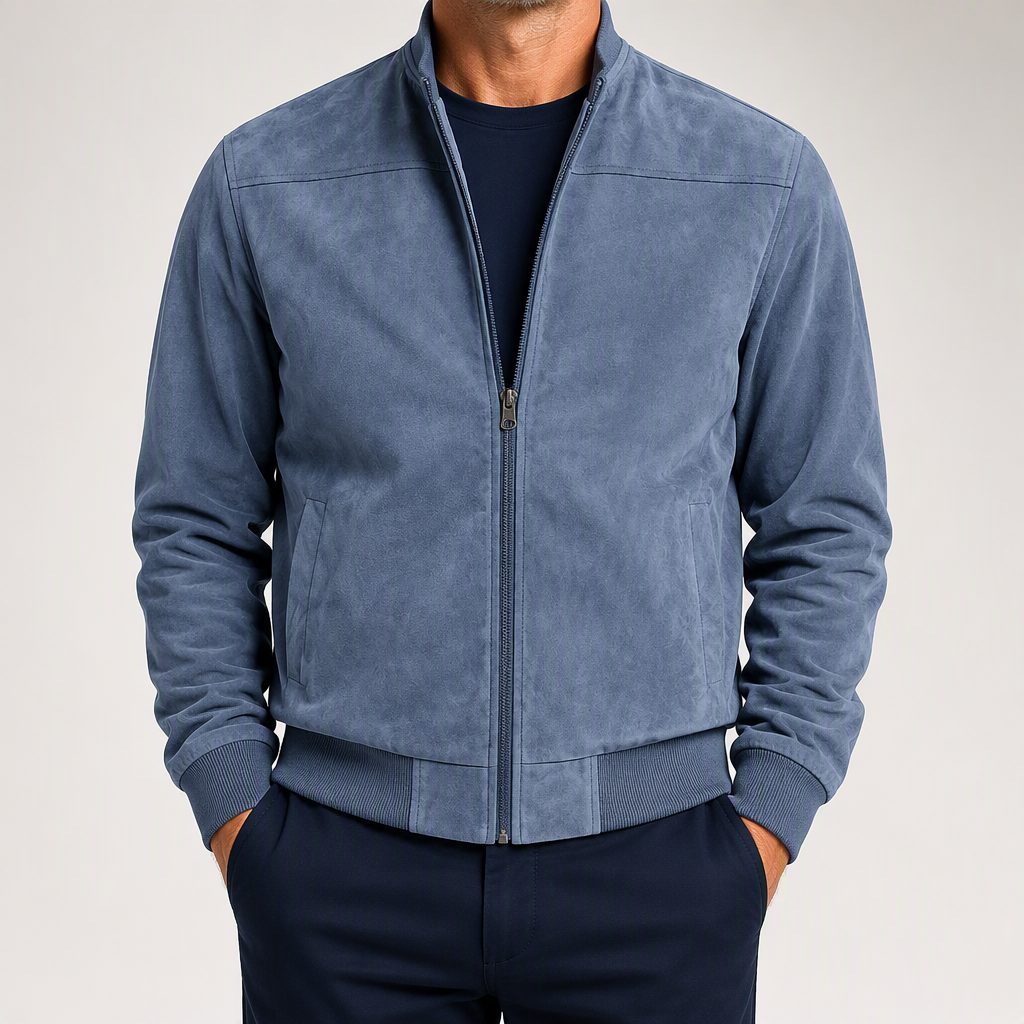 Steve | Mens Faux Suede Stand Collar Zip Up Bomber Jacket, Sea Blue