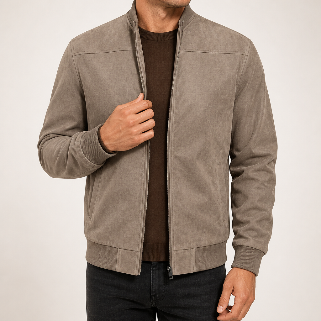 Steve | Mens Faux Suede Stand Collar Zip Up Bomber Jacket, Brown