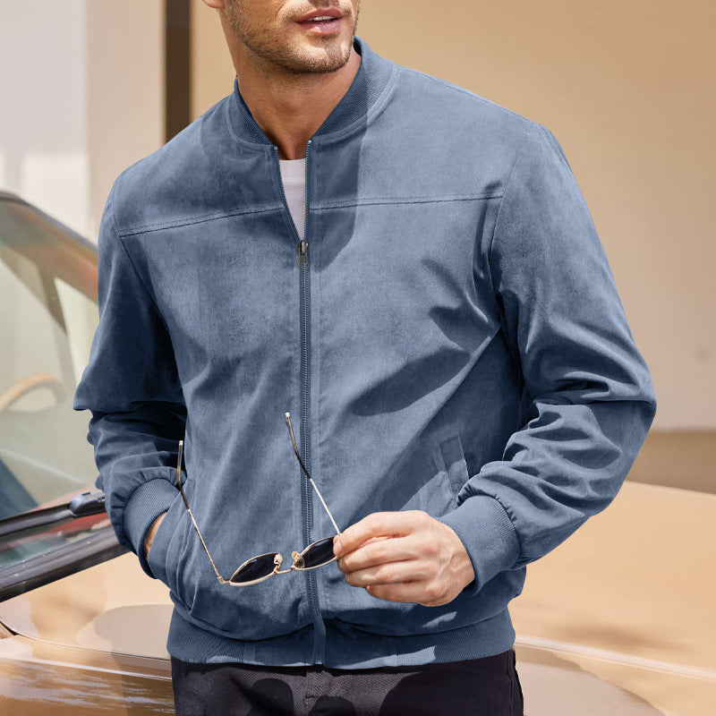 Steve | Mens Faux Suede Stand Collar Zip Up Bomber Jacket
