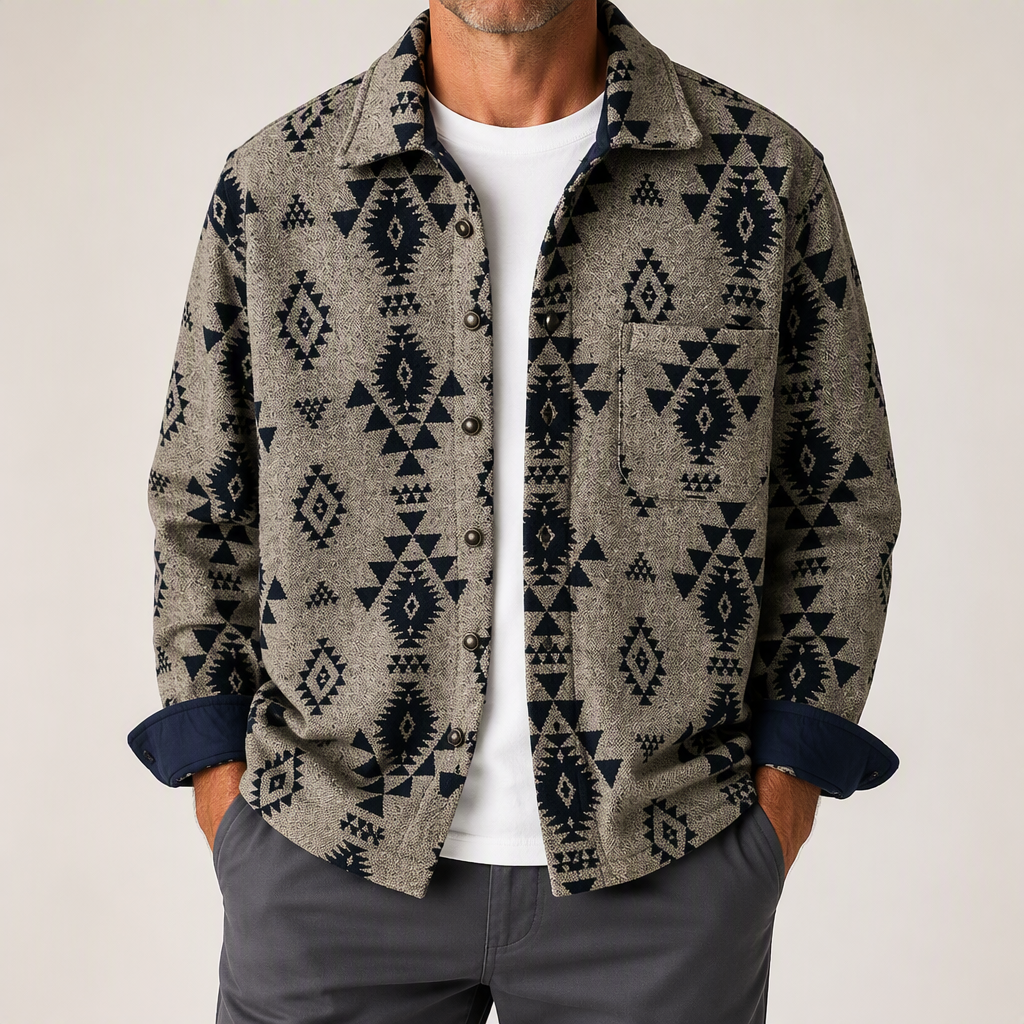 Steven | Mens Shirt Jacket Retro Jacquard Wool Blend Casual Overshirt, Light Brown