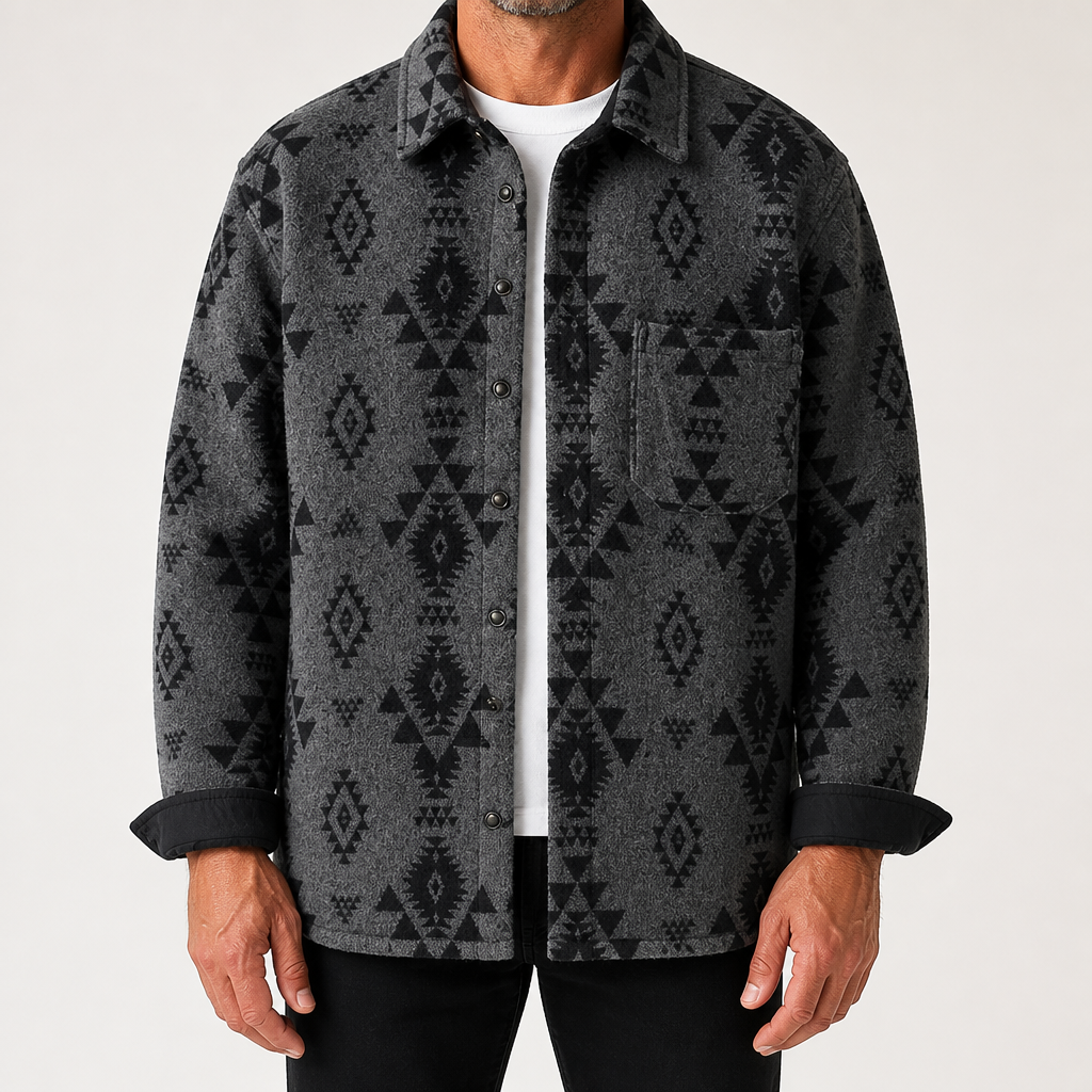 Steven | Mens Shirt Jacket Retro Jacquard Wool Blend Casual Overshirt, Grey