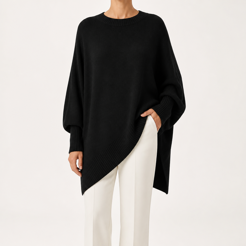 Suzanne | Womens Soft Warm Loose Round Neck Knit Pullover Sweater, Black