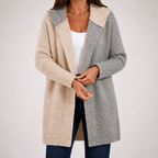 Sybil | Womens Hooded Colour Block Knitted Cardigan, Apricot Light Grey