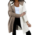 Sybil | Womens Hooded Colour Block Knitted Cardigan, Khaki White