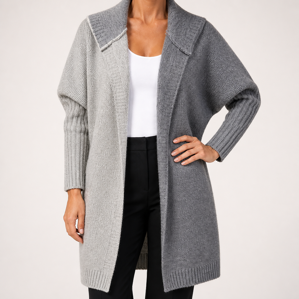 Sybil | Womens Hooded Colour Block Knitted Cardigan, Light Grey Dark Grey
