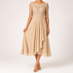Sydney | Womens Wedding Guest Bridesmaid Cocktail Lace Chiffon Midi Dress, Gold