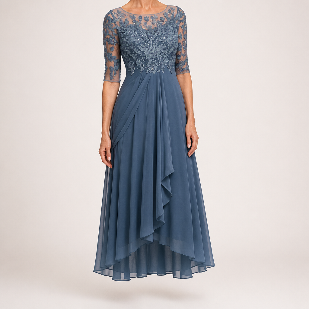 Sydney | Womens Wedding Guest Bridesmaid Cocktail Lace Chiffon Midi Dress, Blue