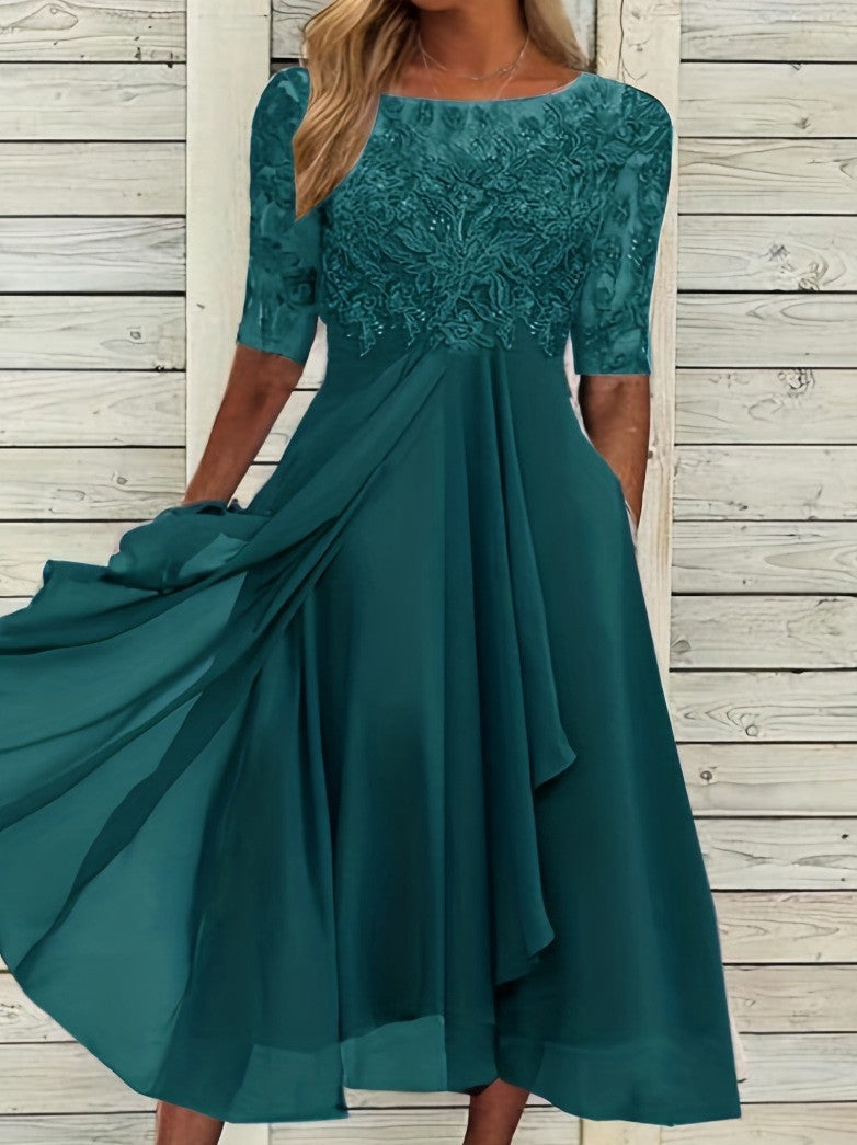 Sydney | Womens Wedding Guest Bridesmaid Cocktail Lace Chiffon Midi Dress