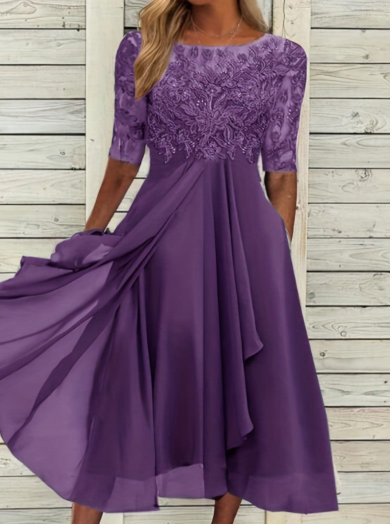 Sydney | Womens Wedding Guest Bridesmaid Cocktail Lace Chiffon Midi Dress