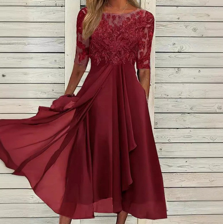 Sydney | Womens Wedding Guest Bridesmaid Cocktail Lace Chiffon Midi Dress