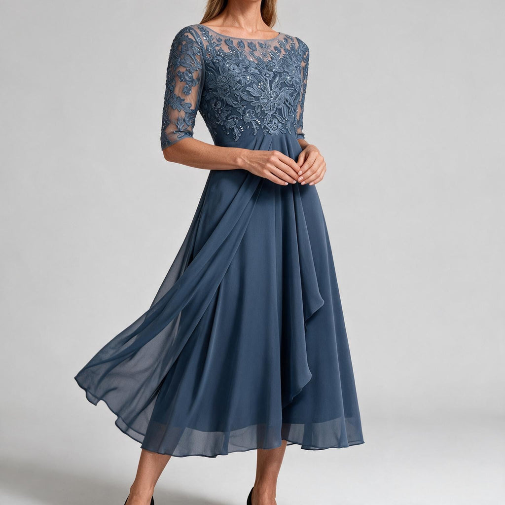 Sydney | Womens Wedding Guest Bridesmaid Cocktail Lace Chiffon Midi Dress