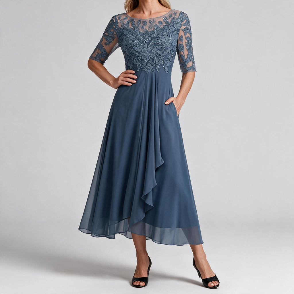 Sydney | Womens Wedding Guest Bridesmaid Cocktail Lace Chiffon Midi Dress