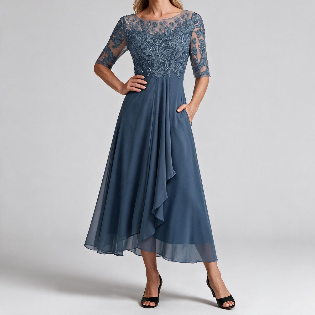 Sydney | Womens Wedding Guest Bridesmaid Cocktail Lace Chiffon Midi Dress