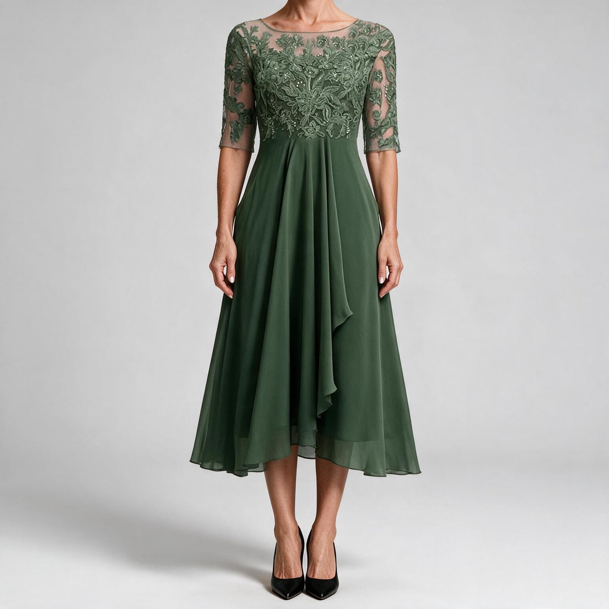 Sydney | Womens Wedding Guest Bridesmaid Cocktail Lace Chiffon Midi Dress