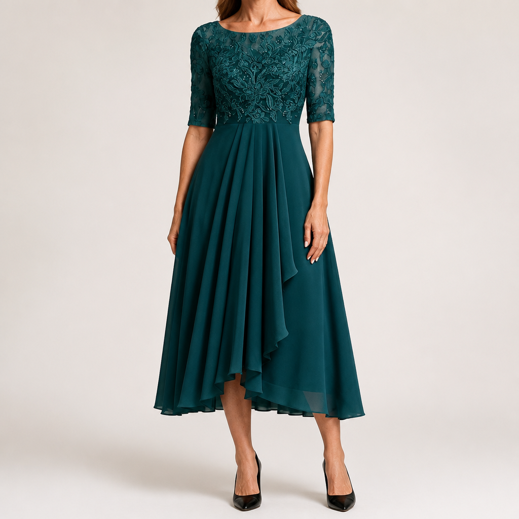 Sydney | Womens Wedding Guest Bridesmaid Cocktail Lace Chiffon Midi Dress, Dark Green