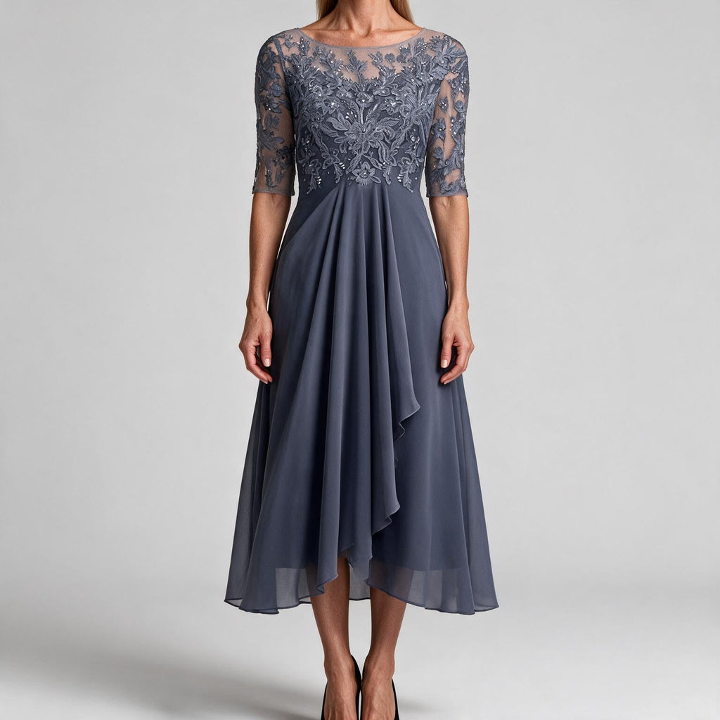 Sydney | Womens Wedding Guest Bridesmaid Cocktail Lace Chiffon Midi Dress