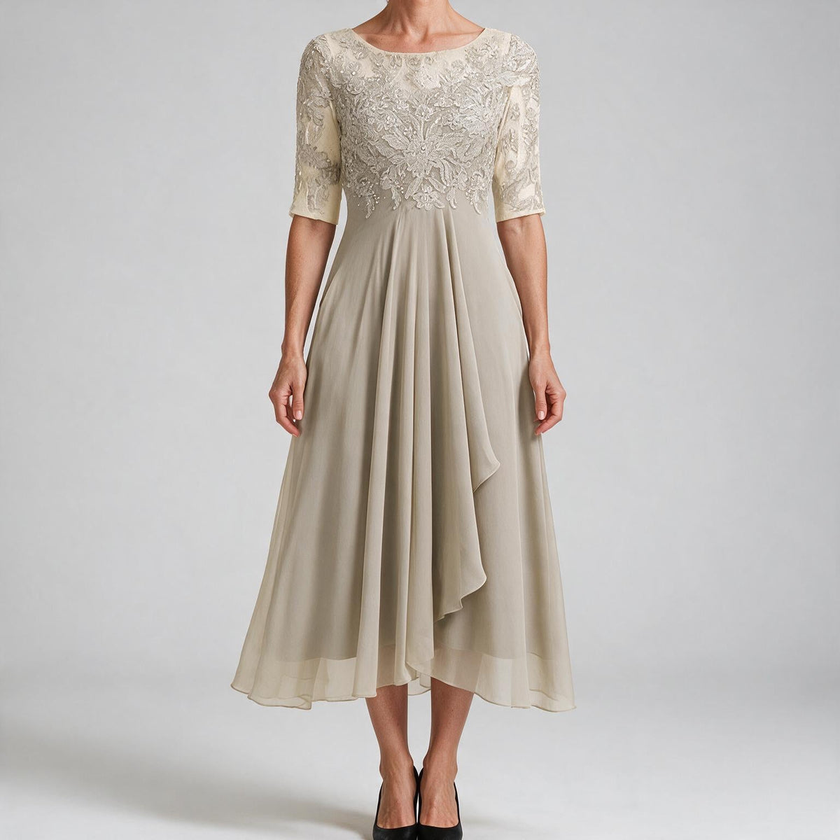 Sydney | Womens Wedding Guest Bridesmaid Cocktail Lace Chiffon Midi Dress