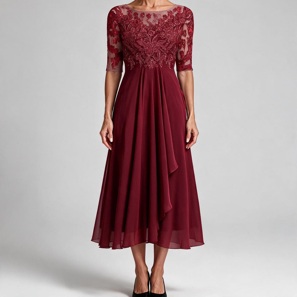 Sydney | Womens Wedding Guest Bridesmaid Cocktail Lace Chiffon Midi Dress