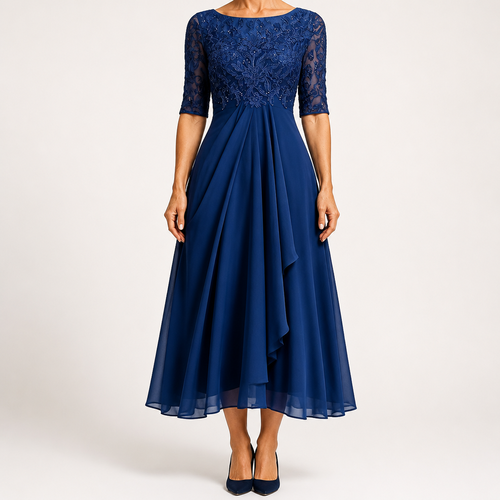 Sydney | Womens Wedding Guest Bridesmaid Cocktail Lace Chiffon Midi Dress, Dark Blue