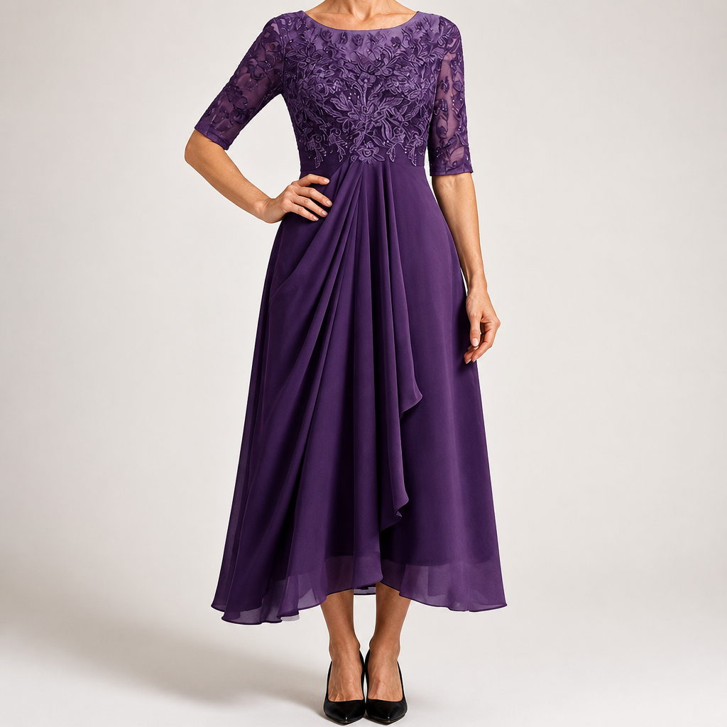 Sydney | Womens Wedding Guest Bridesmaid Cocktail Lace Chiffon Midi Dress, Deep Purple
