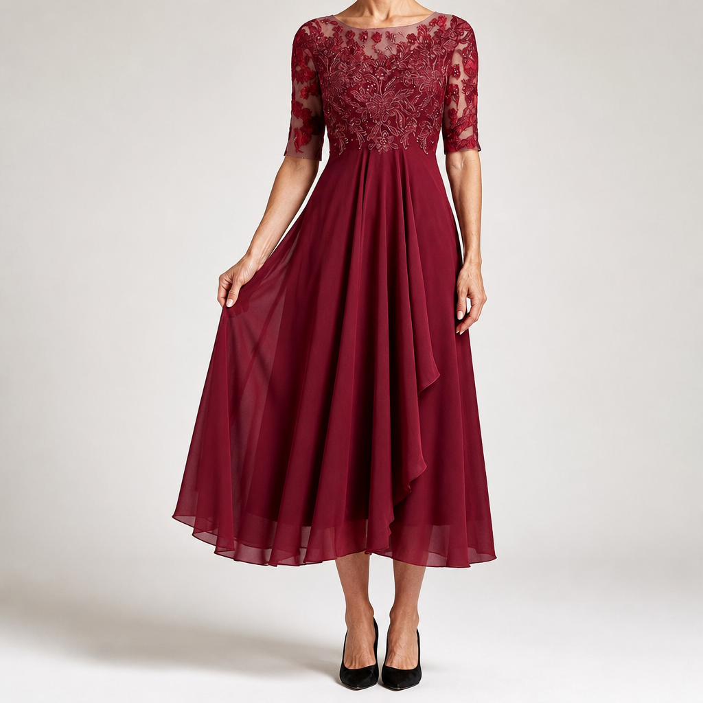 Sydney | Womens Wedding Guest Bridesmaid Cocktail Lace Chiffon Midi Dress, Wine Red