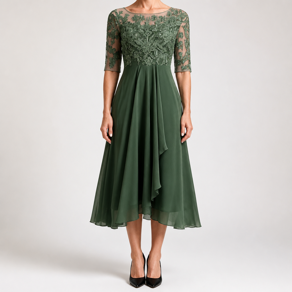 Sydney | Womens Wedding Guest Bridesmaid Cocktail Lace Chiffon Midi Dress, Green