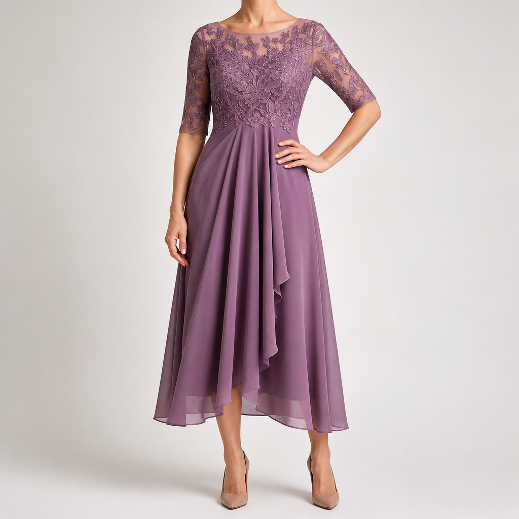 Sydney | Womens Wedding Guest Bridesmaid Cocktail Lace Chiffon Midi Dress, Purple