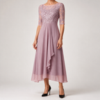 Sydney | Womens Wedding Guest Bridesmaid Cocktail Lace Chiffon Midi Dress, Pink