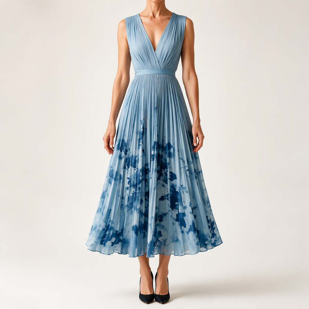 Sylvia | Womens Wedding Guest Sleeveless Pleated Printed Summer Maxi Dress, Blue