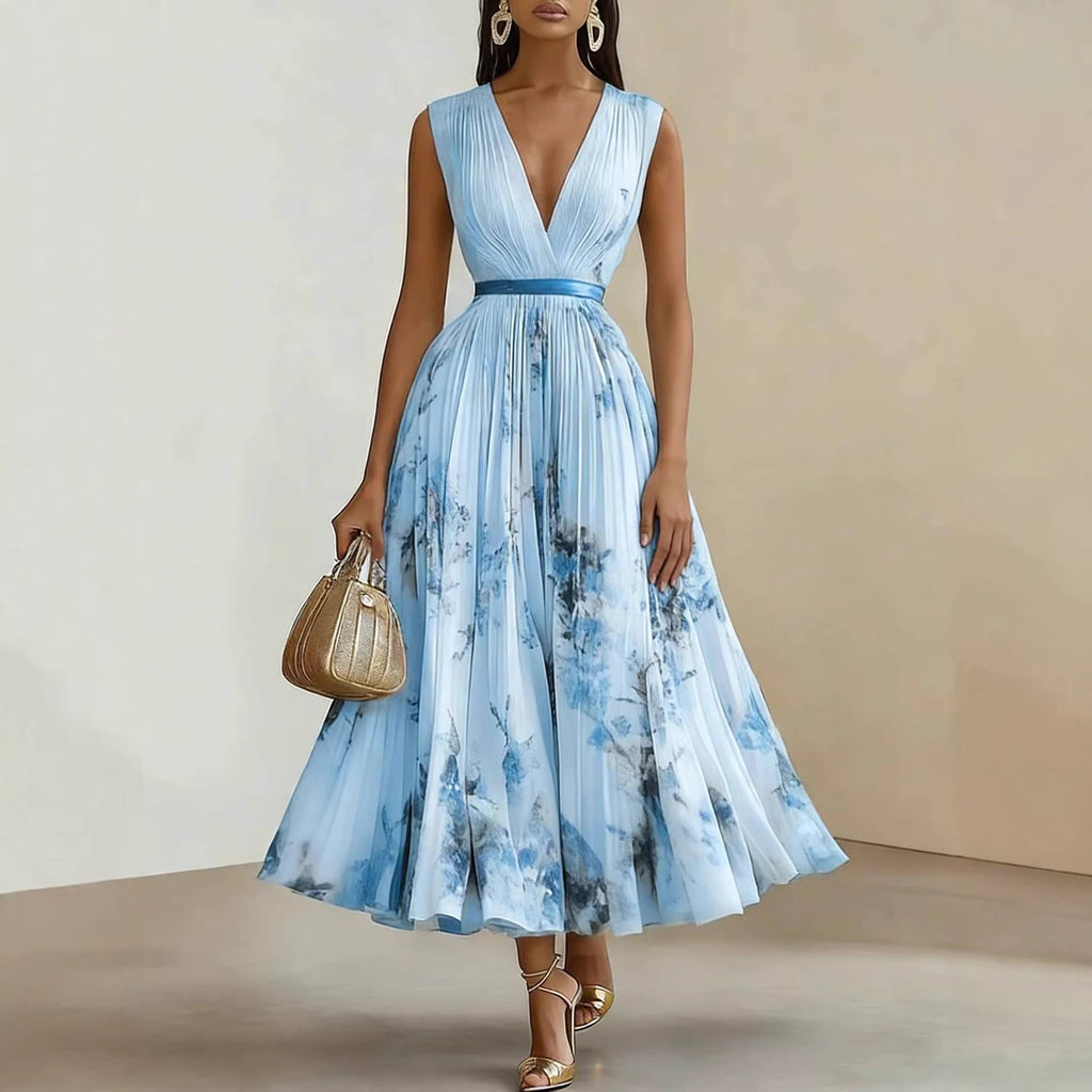 Sylvia | Womens Wedding Guest Sleeveless Pleated Printed Summer Maxi Dress