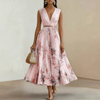 Sylvia | Womens Wedding Guest Sleeveless Pleated Printed Summer Maxi Dress