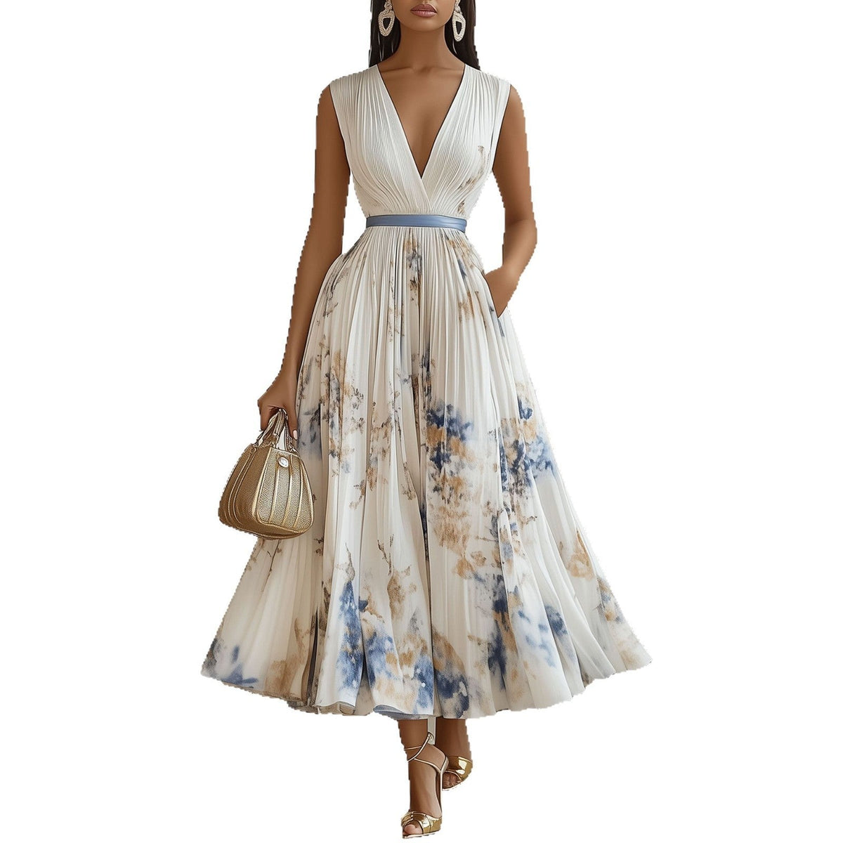 Sylvia | Womens Wedding Guest Sleeveless Pleated Printed Summer Maxi Dress