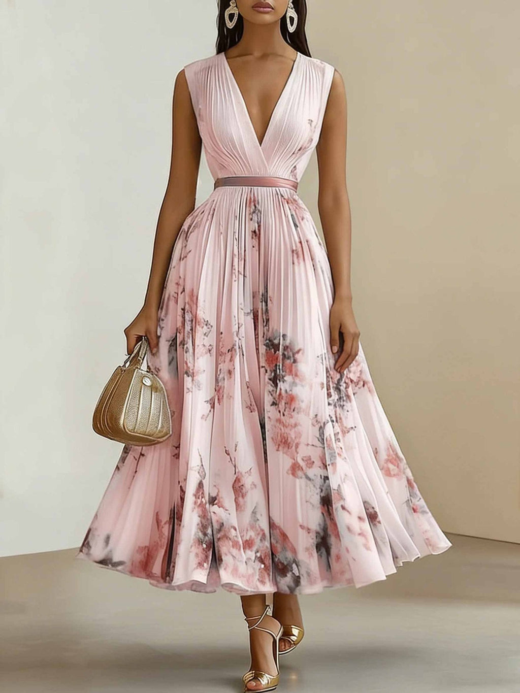 Sylvia | Womens Wedding Guest Sleeveless Pleated Printed Summer Maxi Dress