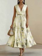 Sylvia | Womens Wedding Guest Sleeveless Pleated Printed Summer Maxi Dress