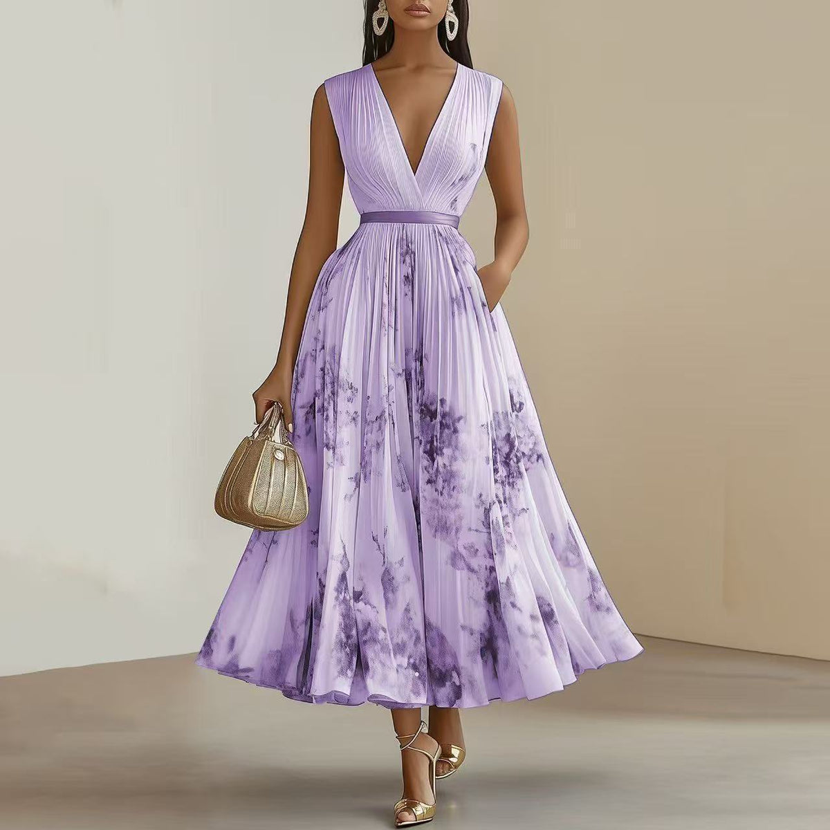 Sylvia | Womens Wedding Guest Sleeveless Pleated Printed Summer Maxi Dress