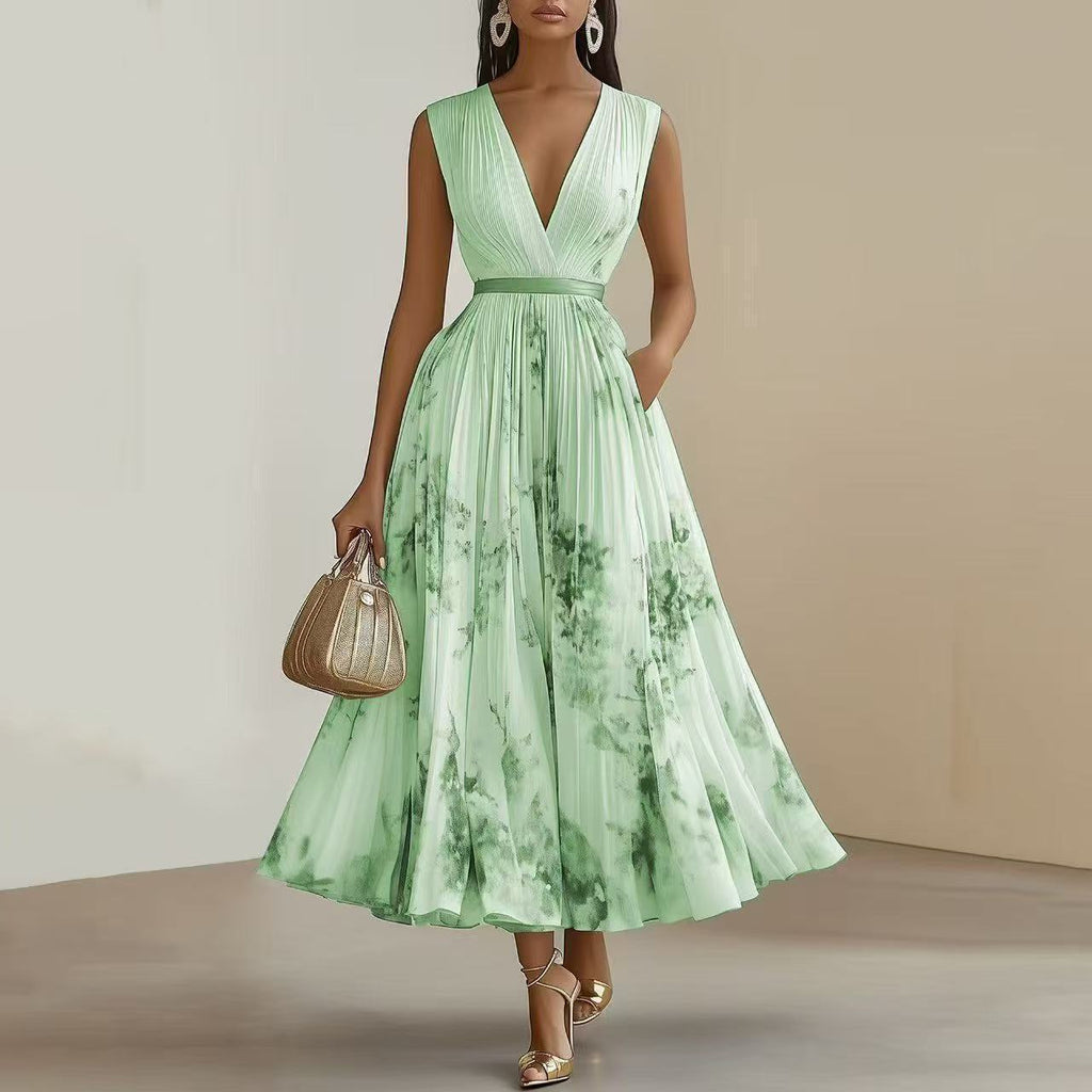 Sylvia | Womens Wedding Guest Sleeveless Pleated Printed Summer Maxi Dress