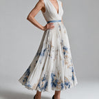Sylvia | Womens Wedding Guest Sleeveless Pleated Printed Summer Maxi Dress