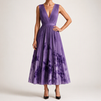 Sylvia | Womens Wedding Guest Sleeveless Pleated Printed Summer Maxi Dress, Purple