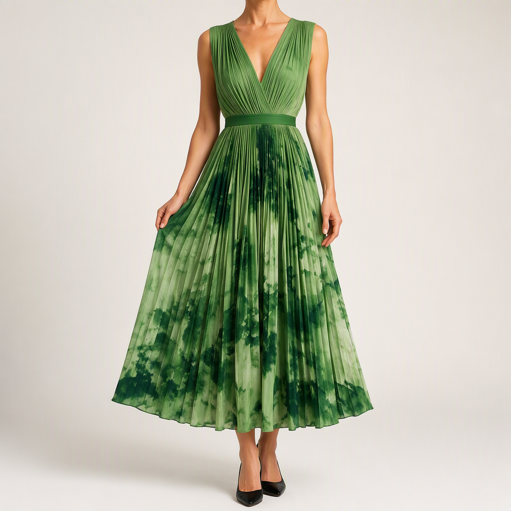 Sylvia | Womens Wedding Guest Sleeveless Pleated Printed Summer Maxi Dress, Green