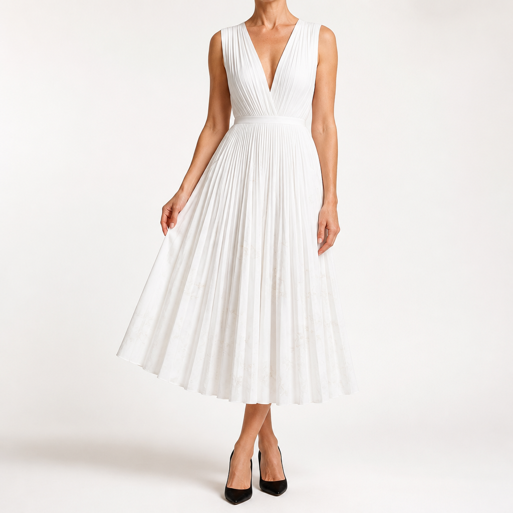 Sylvia | Womens Wedding Guest Sleeveless Pleated Printed Summer Maxi Dress, White