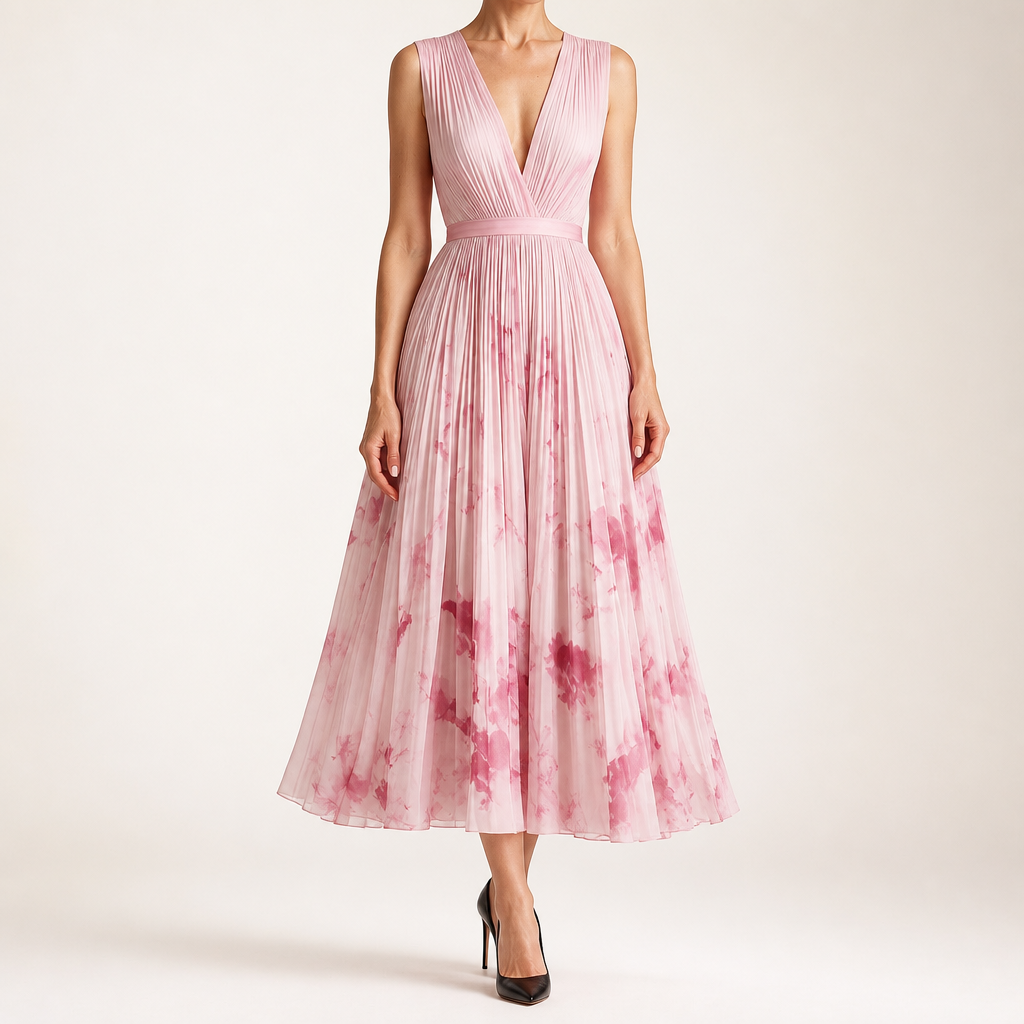 Sylvia | Womens Wedding Guest Sleeveless Pleated Printed Summer Maxi Dress, Pink