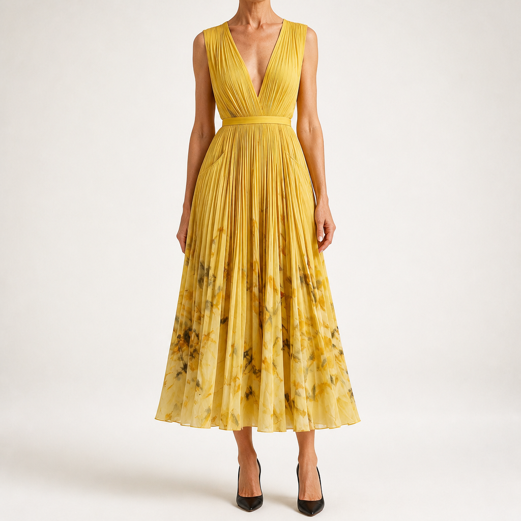 Sylvia | Womens Wedding Guest Sleeveless Pleated Printed Summer Maxi Dress, Yellow