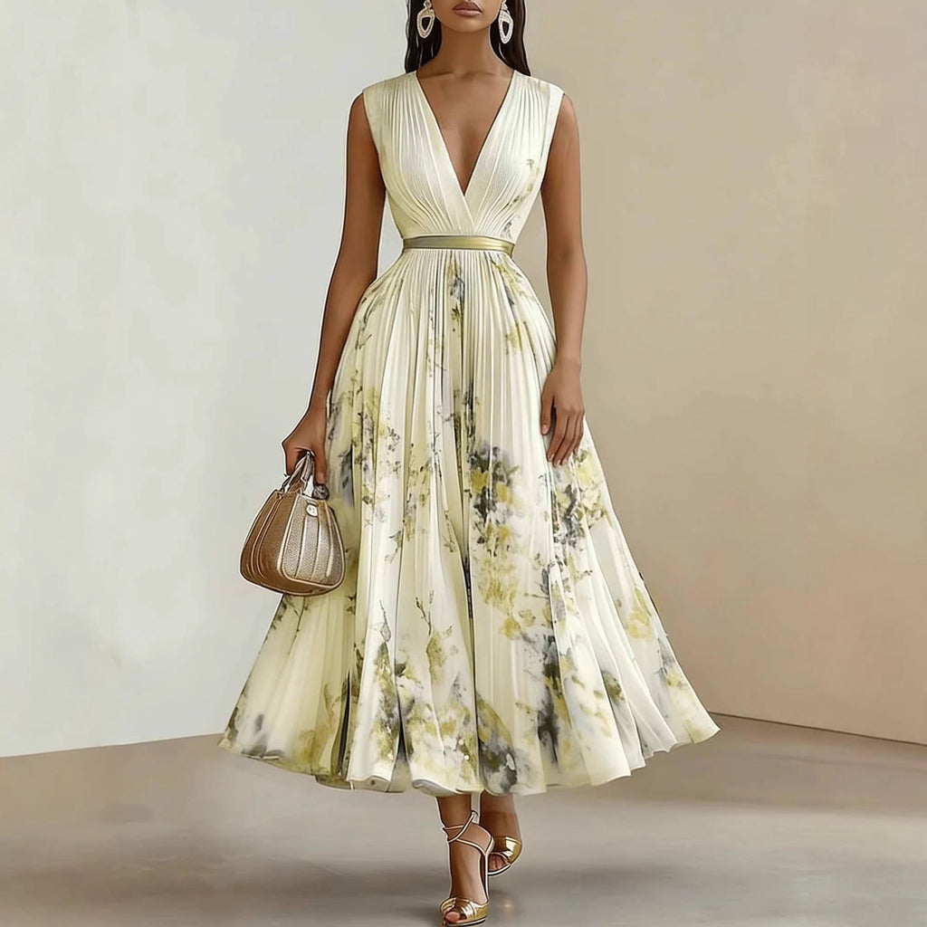 Sylvia | Womens Wedding Guest Sleeveless Pleated Printed Summer Maxi Dress