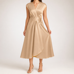 Sylvie | Cocktail Satin Midi Wedding Guest Evening Formal Dresses, Champagne