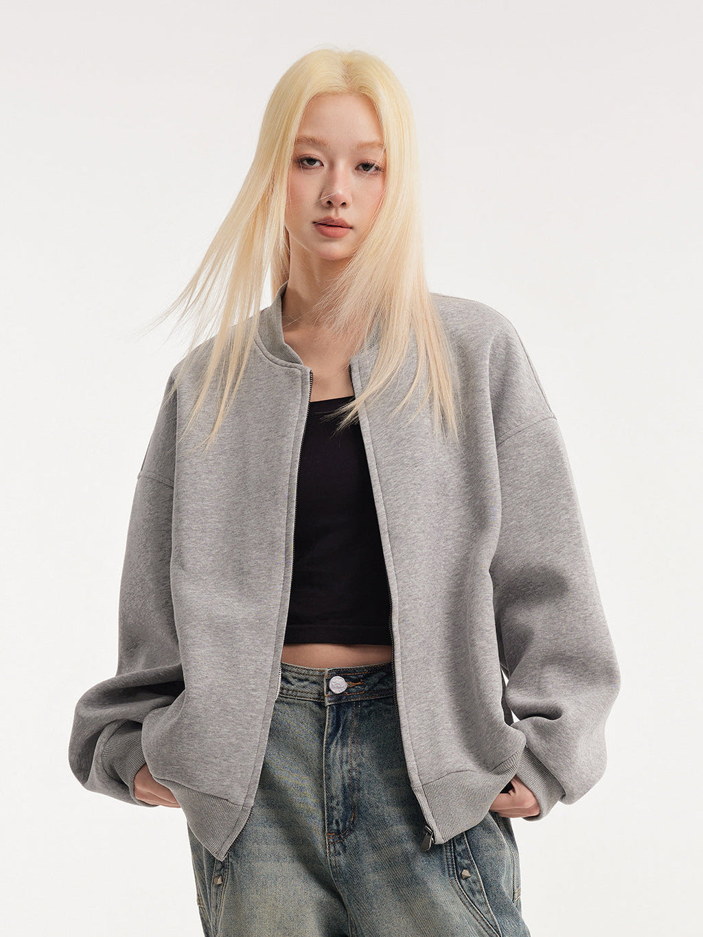 Tamara | Womens Cropped Varsity Baseball Relaxed Fit Fall Bomber Jacket, Heather Grey