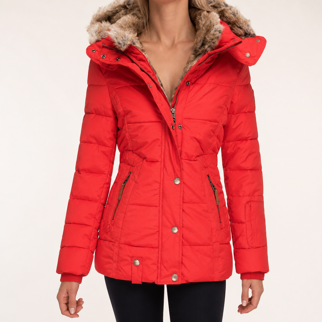 Tammy | Womens Fur Collar Padded Warm Winter Parka Jacket Coat, Red