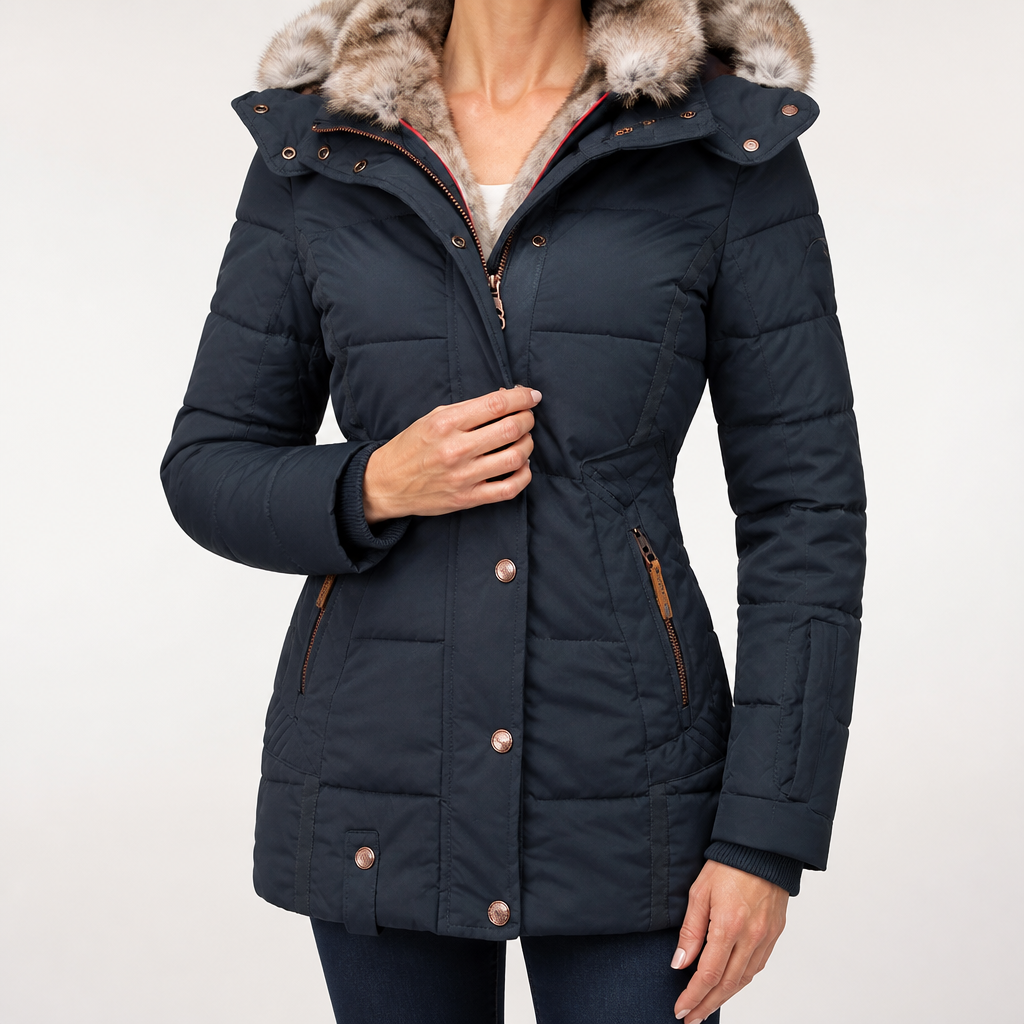 Tammy | Womens Fur Collar Padded Warm Winter Parka Jacket Coat, Blue
