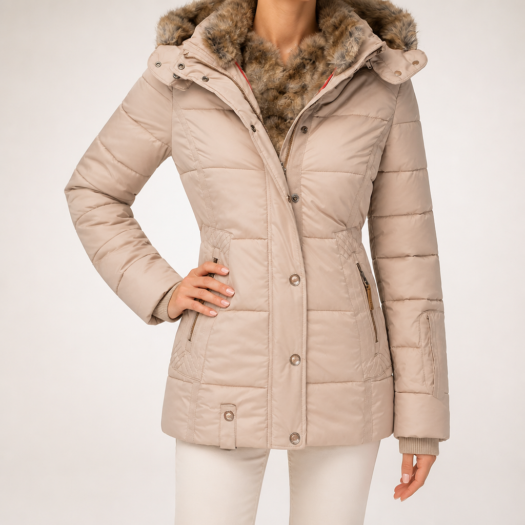 Tammy | Womens Fur Collar Padded Warm Winter Parka Jacket Coat, Apricot