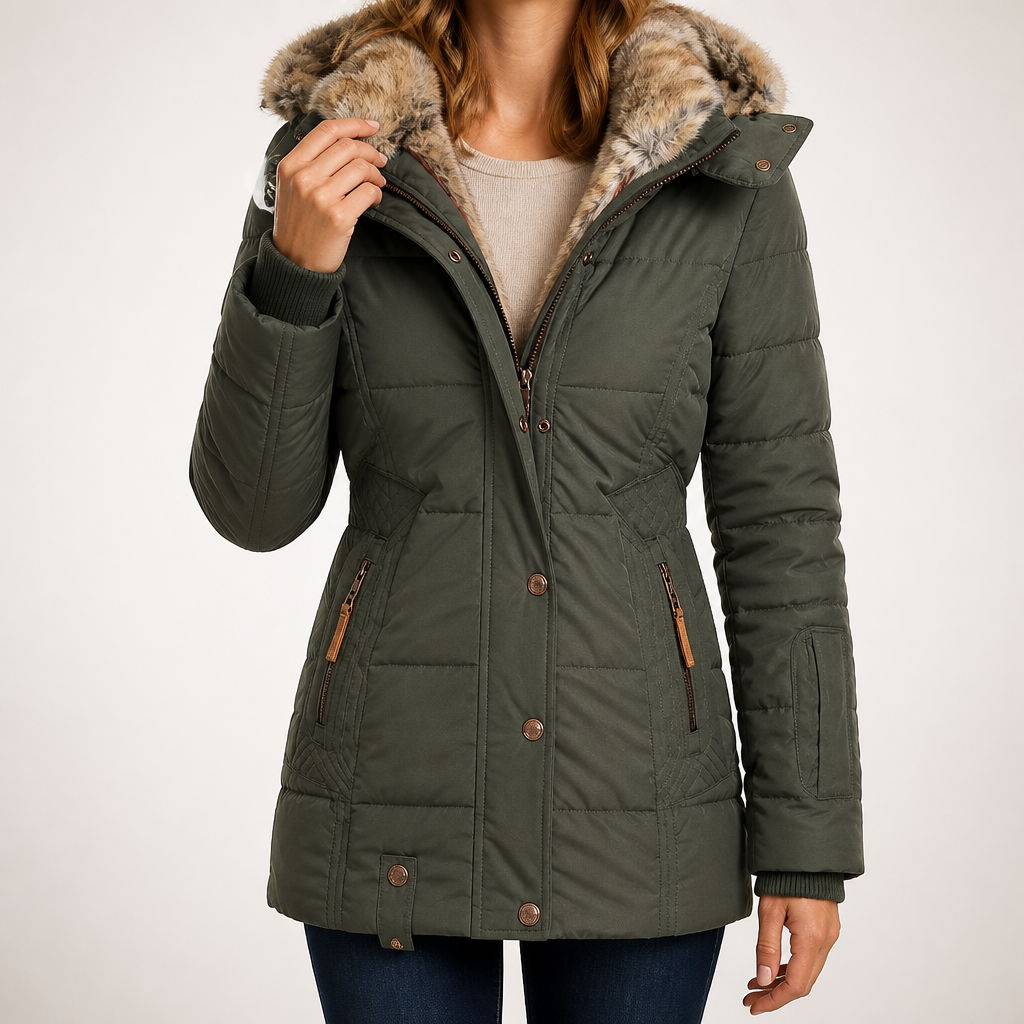 Tammy | Womens Fur Collar Padded Warm Winter Parka Jacket Coat, Green